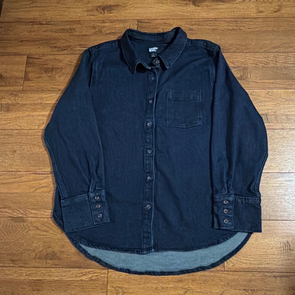 Lands End Mens Regular Fit Denim Button Down Shirt Blue L 14-16 Cotton Stretch
